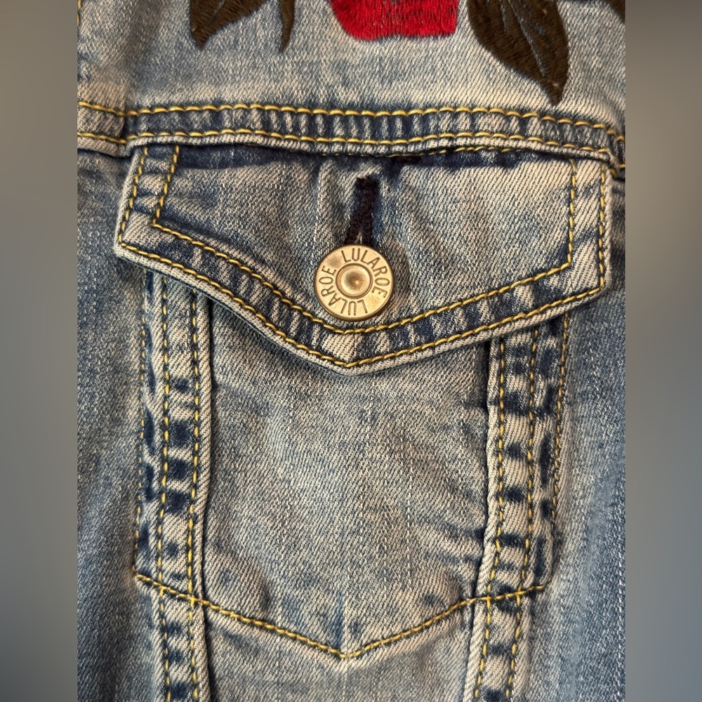 LuLaRoe Jaxon Rose Embroidered Stretch Denim Jean Jacket - Picture 3 of 9